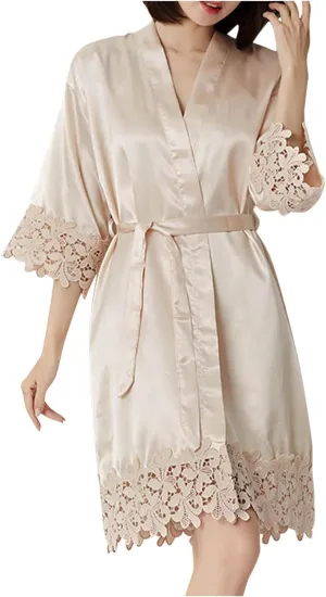 HGps8w Crochet Lace Satin Robes for Women 3/4 Sleeve Belted Kimono Bathrobe Nightgown Silky Sleepwear Wedding Dressing Gown
