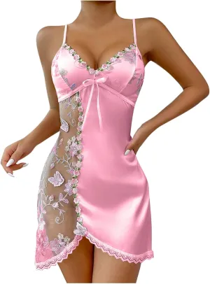 HGps8w Lingerie for Women Satin Nightgown Floral Embroidery Sexy Sheer See Through V Back Babydoll Sleepwear Boudoir Outfits