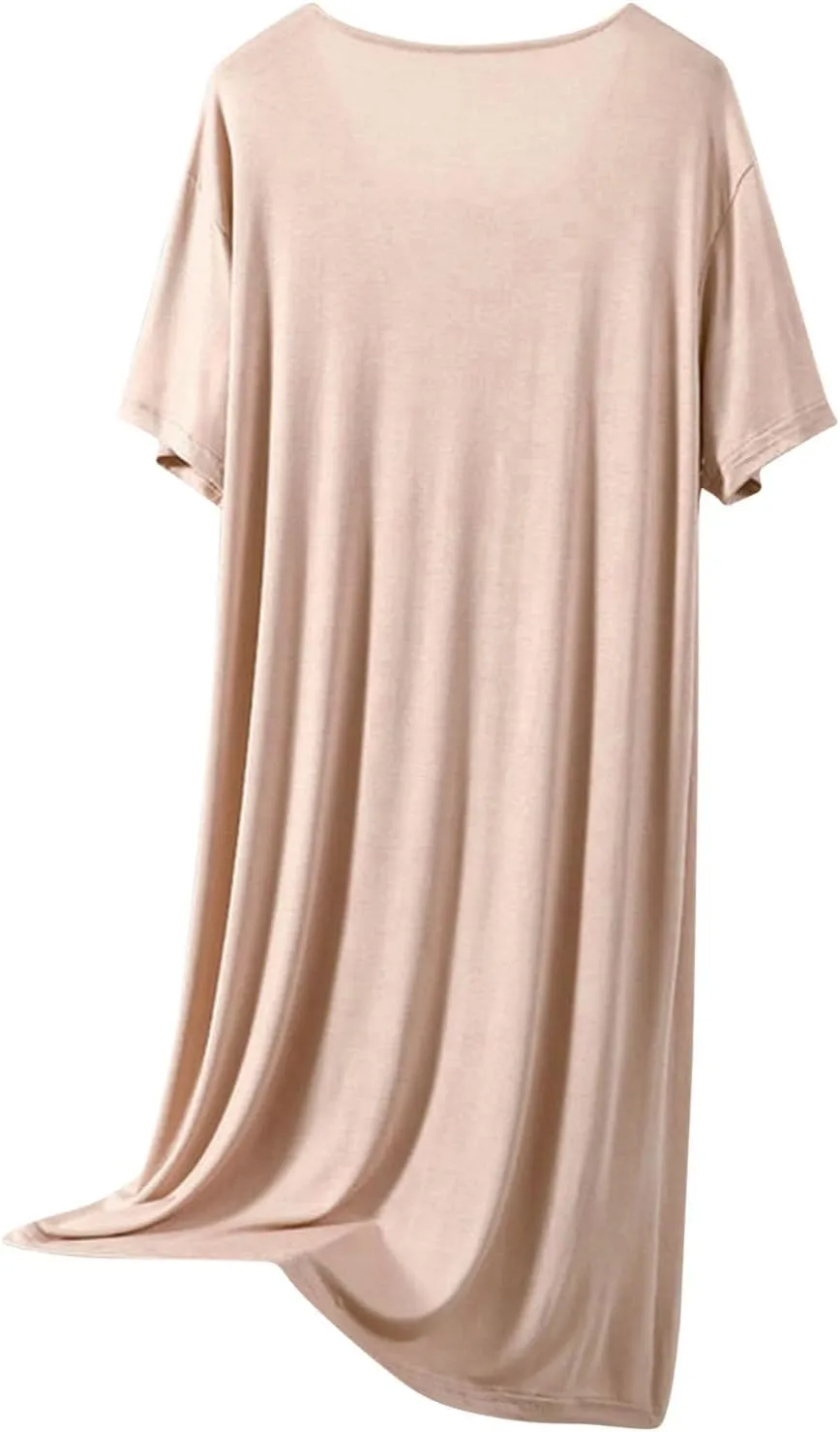 HGps8w Nightgowns for Women Lace Trim V Neck Sleepwear Casual Short Sleeve Sleepshirt Loose Comfy Modal Pajamas Dress