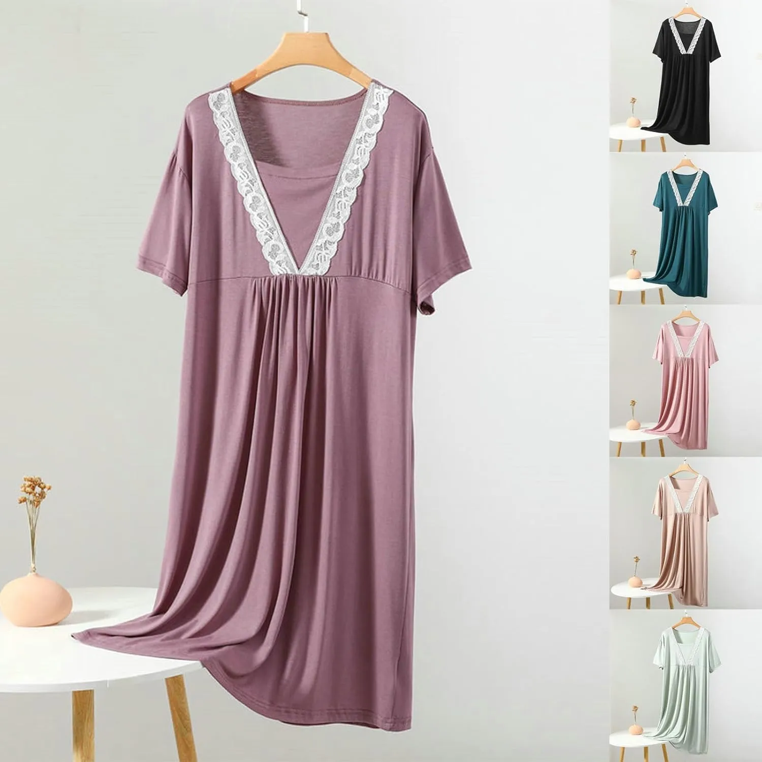 HGps8w Nightgowns for Women Lace Trim V Neck Sleepwear Casual Short Sleeve Sleepshirt Loose Comfy Modal Pajamas Dress