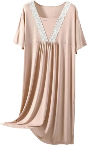 HGps8w Nightgowns for Women Lace Trim V Neck Sleepwear Casual Short Sleeve Sleepshirt Loose Comfy Modal Pajamas Dress