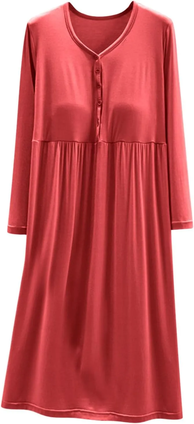 HGps8w Womens Modal Nightgown Casual Soft Button Up Front Crewneck Long Sleeve Sleepwear Loose Pajamas Dress