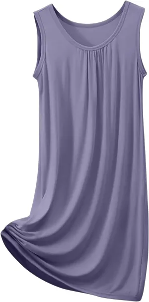 HGps8w Women's Modal Nightgown Sleeveless Loose Crewneck Pleated Sleepwear Pullover Summer Sleepshirts Pajamas Dress