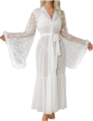 HGps8w Womens Satin Kimono Robe Sexy Feather Trim Long Sleeve Dressing Gown Bathrobe Mesh Dots Patchwork Bride Robe Nightwear