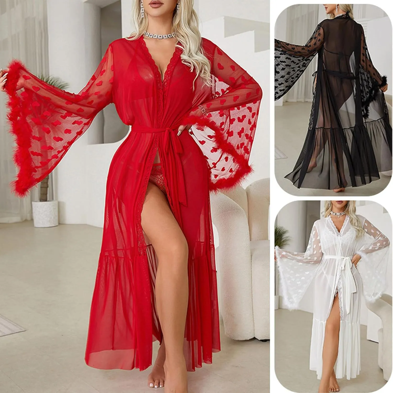 HGps8w Womens Satin Kimono Robe Sexy Feather Trim Long Sleeve Dressing Gown Bathrobe Mesh Dots Patchwork Bride Robe Nightwear