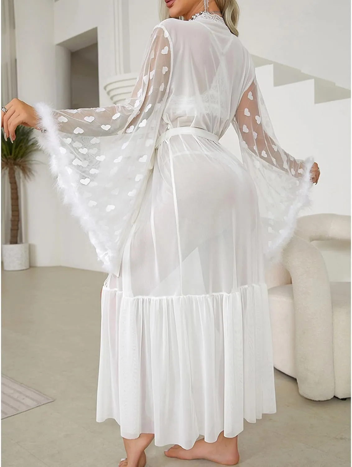 HGps8w Womens Satin Kimono Robe Sexy Feather Trim Long Sleeve Dressing Gown Bathrobe Mesh Dots Patchwork Bride Robe Nightwear