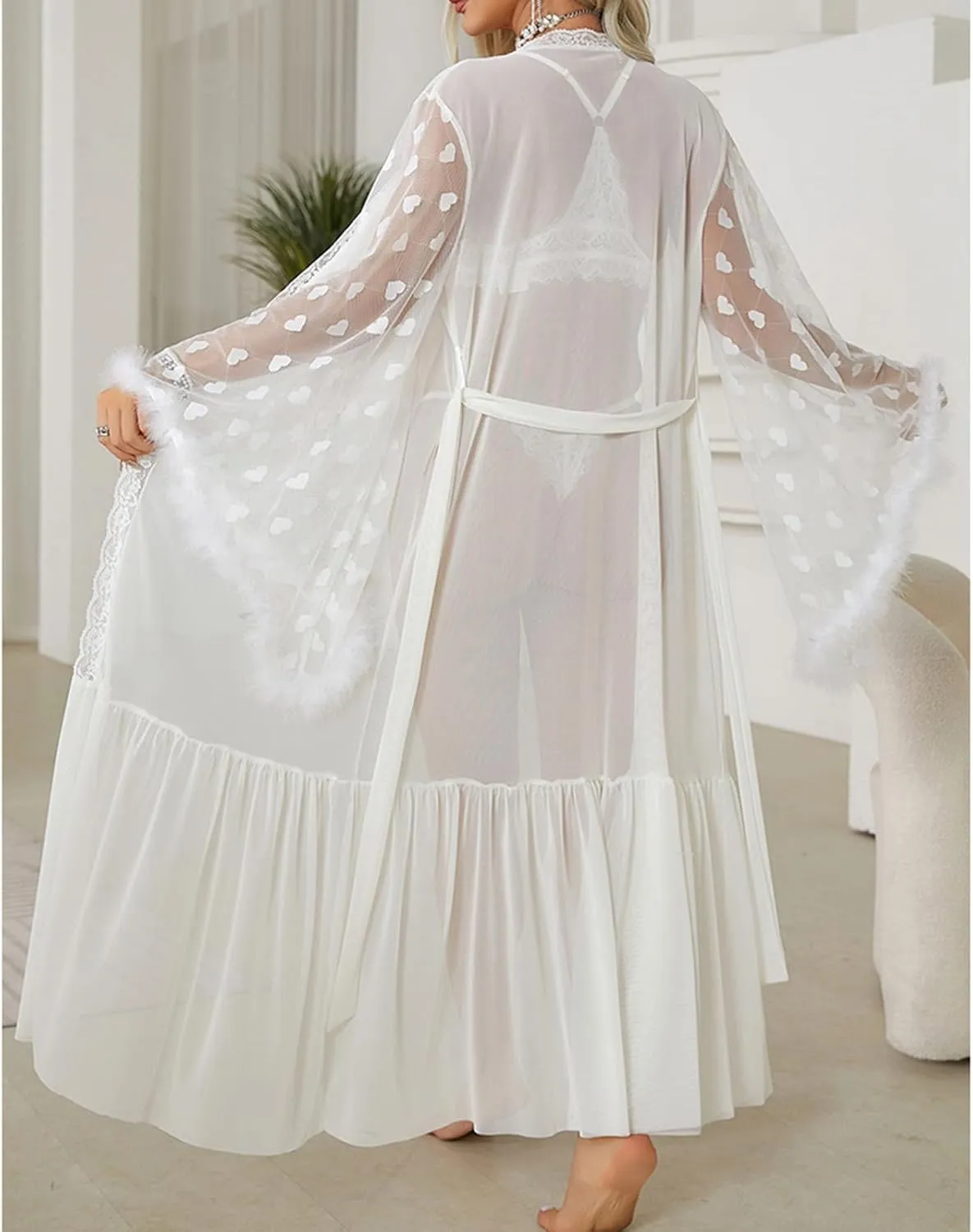 HGps8w Womens Satin Kimono Robe Sexy Feather Trim Long Sleeve Dressing Gown Bathrobe Mesh Dots Patchwork Bride Robe Nightwear