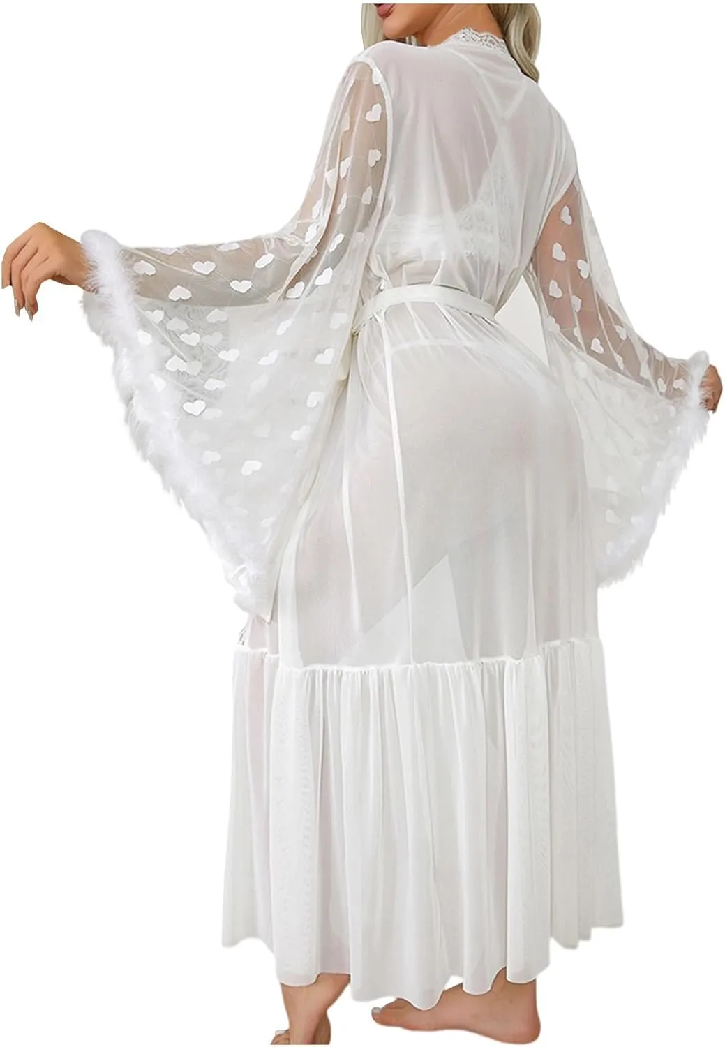 HGps8w Womens Satin Kimono Robe Sexy Feather Trim Long Sleeve Dressing Gown Bathrobe Mesh Dots Patchwork Bride Robe Nightwear