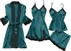 HGps8w Womens Smooth Satin Slik Pajama Sets Sexy Lace Trim Cami Shorts Nightgown Pj Set with Robe 4PCS Sleepwear