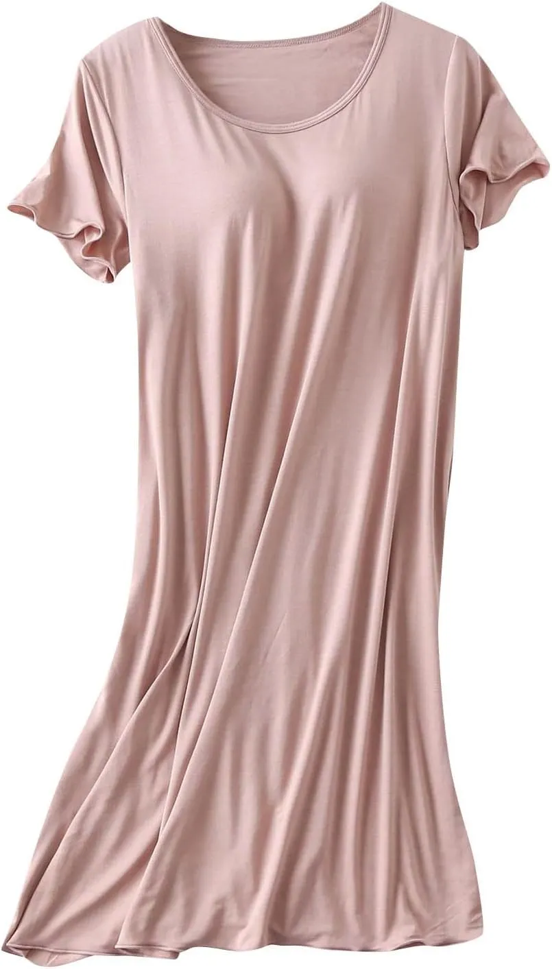 HGps8w Womens Summer V Neck Nightgown with Built in Shelf Bra, Short Sleeve Sleepwear Loose Soft Nightshirts Lounge Dress