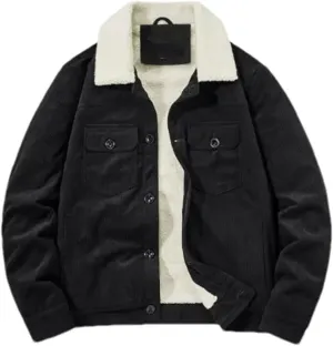 Hgvcfcv Men's Corduroy Thickened Warm Cotton-Padded Coat Fleece-Lined Brushed Single-Breasted Jackets