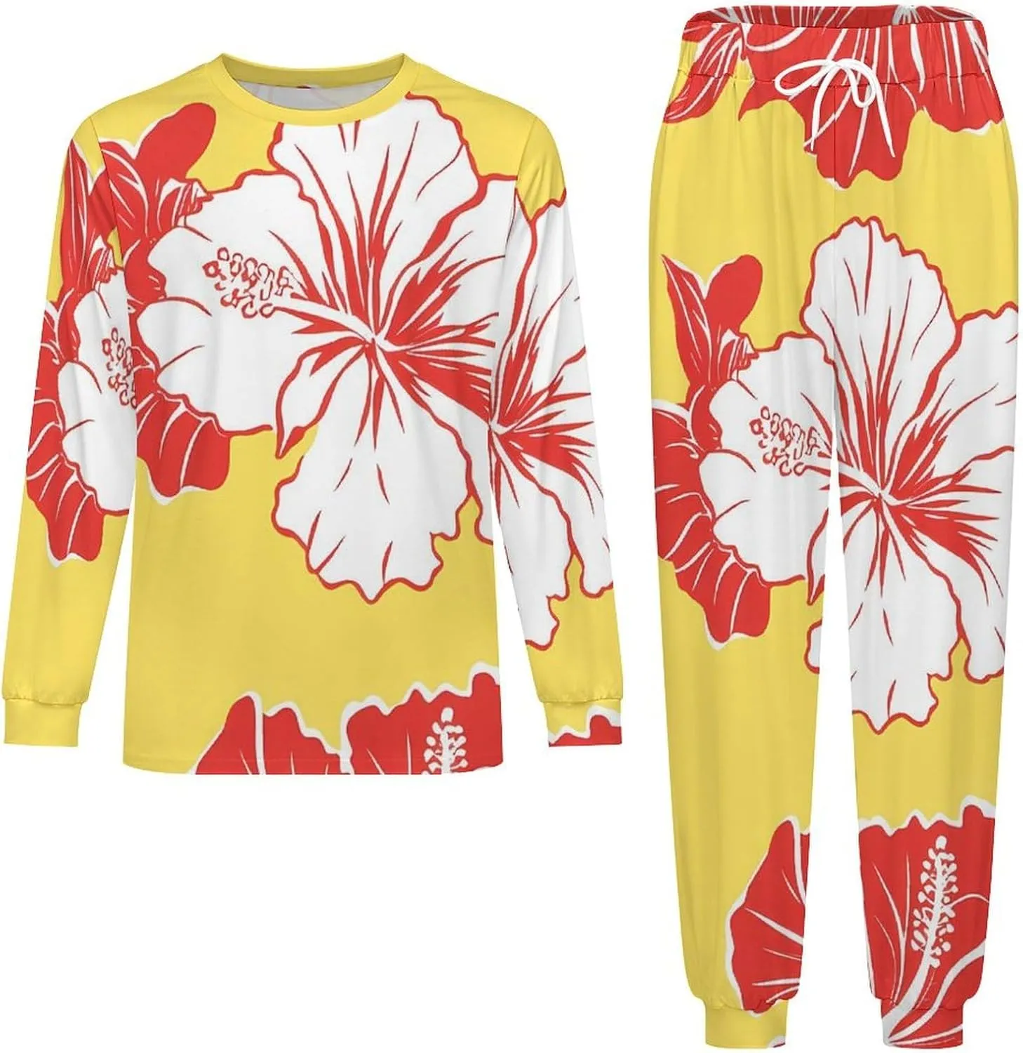 Hibiscus Flowers Soft Mens Pajamas Set Round Neck Pullover Long Sleeve And Pants Loungewear 2 Piece Pjs Set