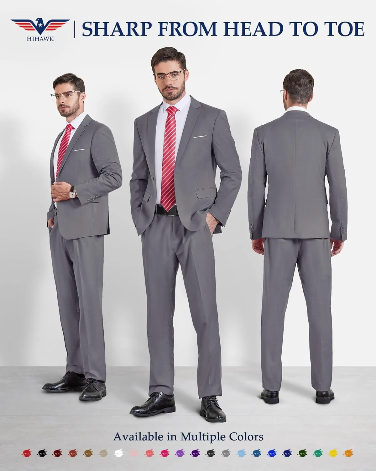 Hihawk Men's 2 Piece Slim Fit Suit with Stretch Fabric, Solid One Button Blazer Jacket Vest Pants Set with Tie.