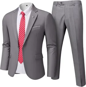 Hihawk Men's 2 Piece Slim Fit Suit with Stretch Fabric, Solid One Button Blazer Jacket Vest Pants Set with Tie.