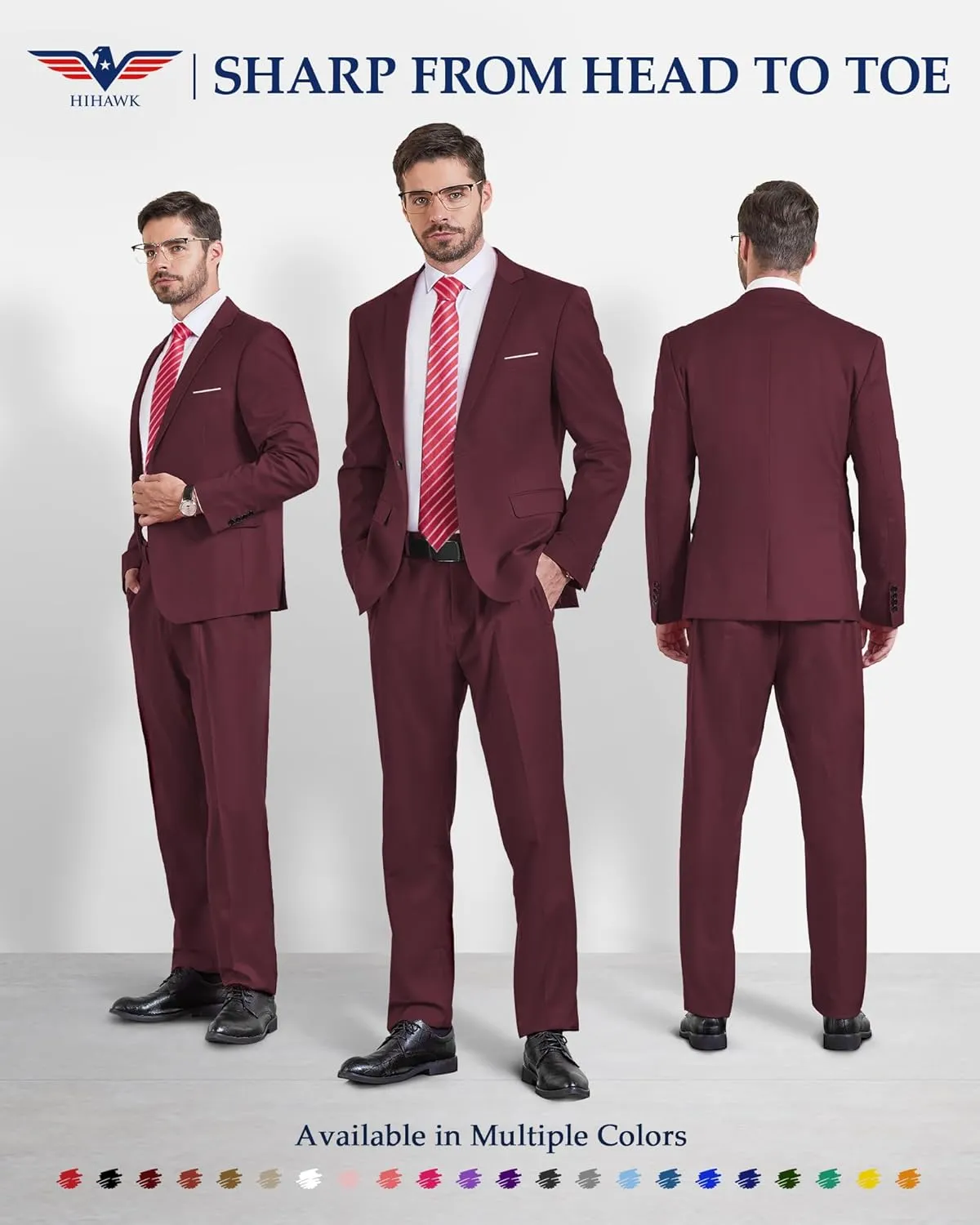 Hihawk Men's 2 Piece Slim Fit Suit with Stretch Fabric, Solid One Button Blazer Jacket Vest Pants Set with Tie.