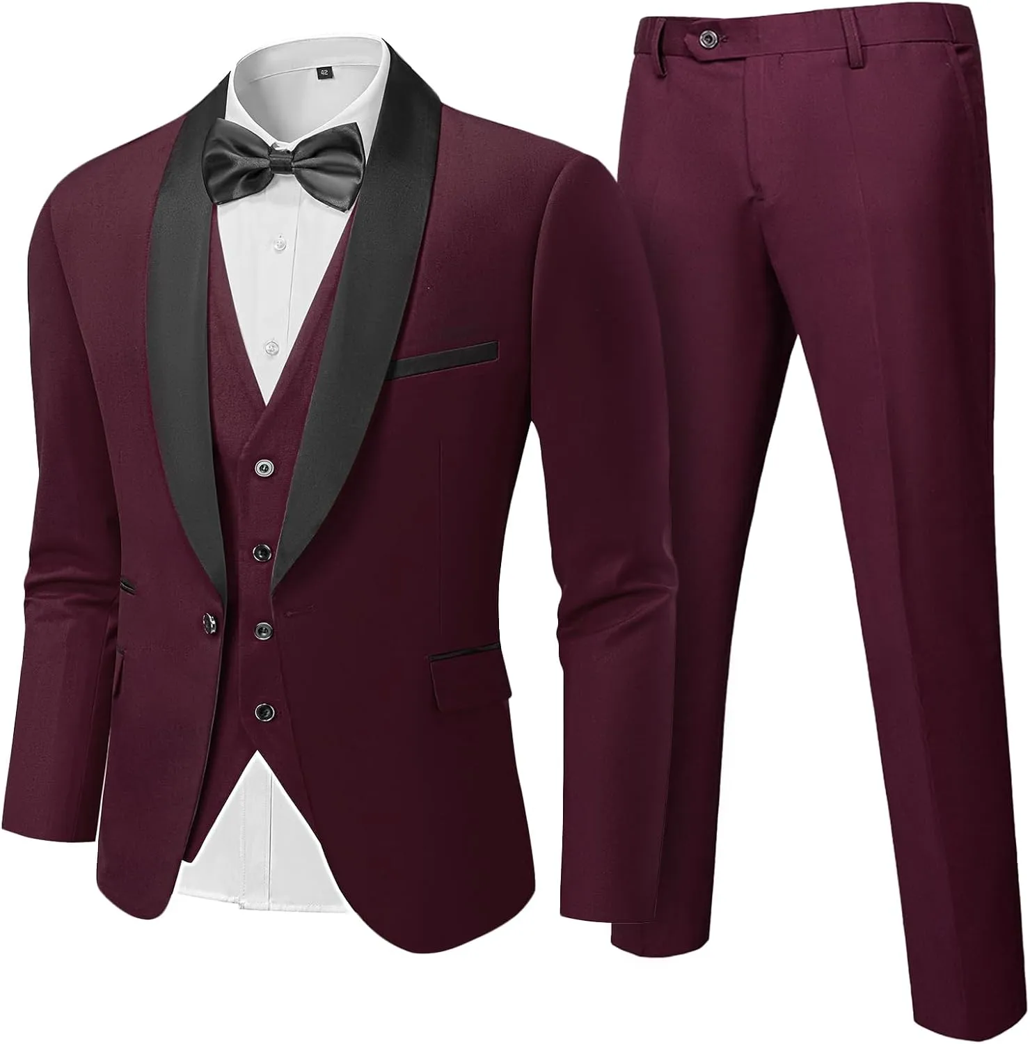 Hihawk Men's 3 Piece Slim Fit Solid Tuxedo with Stretch Fabric, One Button Shawl Collar Jacket Vest Pants with Bow Tie