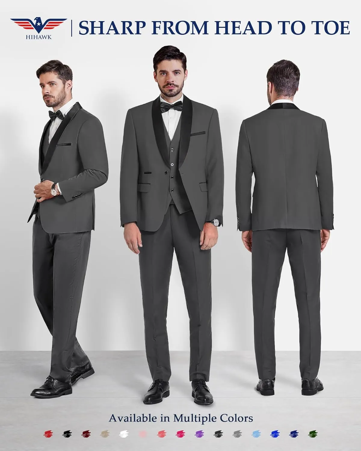 Hihawk Men's 3 Piece Slim Fit Solid Tuxedo with Stretch Fabric, One Button Shawl Collar Jacket Vest Pants with Bow Tie