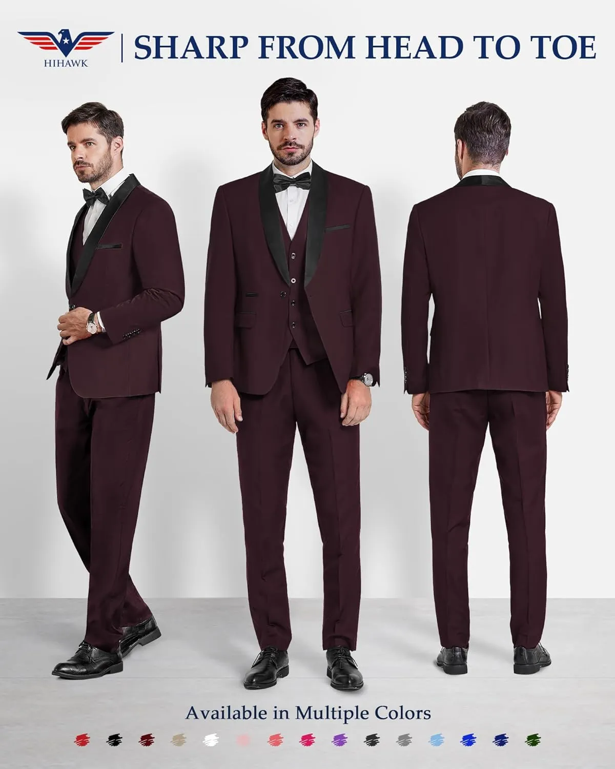 Hihawk Men's 3 Piece Slim Fit Solid Tuxedo with Stretch Fabric, One Button Shawl Collar Jacket Vest Pants with Bow Tie