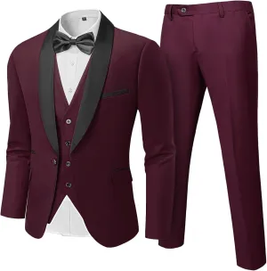 Hihawk Men's 3 Piece Slim Fit Solid Tuxedo with Stretch Fabric, One Button Shawl Collar Jacket Vest Pants with Bow Tie