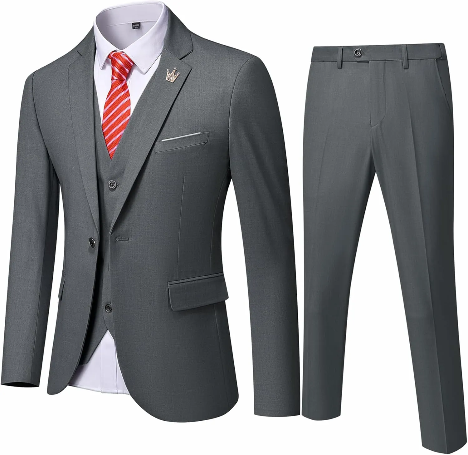Hihawk Men's 3 Piece Suit with Stretch Fabric, Solid Slim Fit One Button Suit Blazer Set, Jacket Vest Pants with Tie.