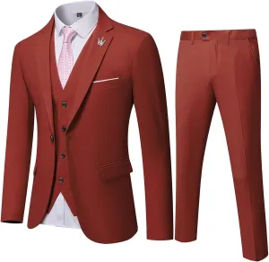 Hihawk Men's 3 Piece Suit with Stretch Fabric, Solid Slim Fit One Button Suit Blazer Set, Jacket Vest Pants with Tie.
