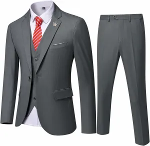 Hihawk Men's 3 Piece Suit with Stretch Fabric, Solid Slim Fit One Button Suit Blazer Set, Jacket Vest Pants with Tie.