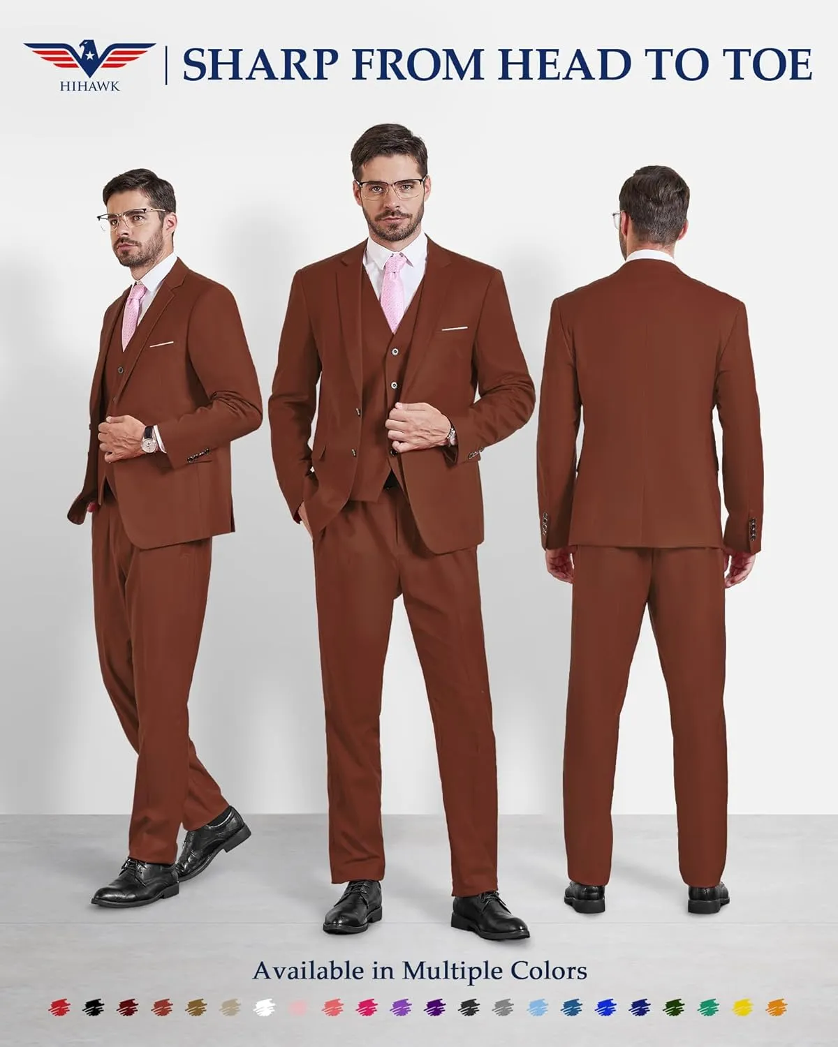 Hihawk Men's 3 Piece Suit with Stretch Fabric, Solid Slim Fit Two Button Suit Blazer Set, Jacket Vest Pants with Tie.