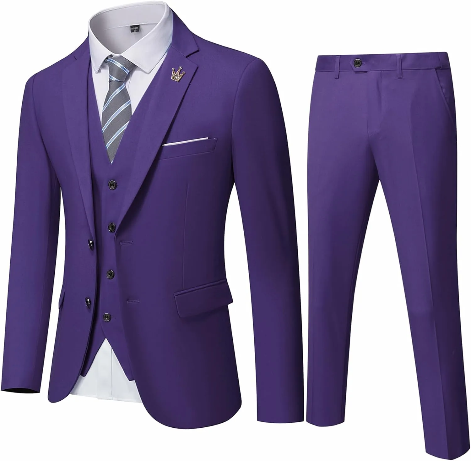 Hihawk Men's 3 Piece Suit with Stretch Fabric, Solid Slim Fit Two Button Suit Blazer Set, Jacket Vest Pants with Tie.