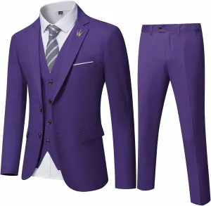 Hihawk Men's 3 Piece Suit with Stretch Fabric, Solid Slim Fit Two Button Suit Blazer Set, Jacket Vest Pants with Tie.