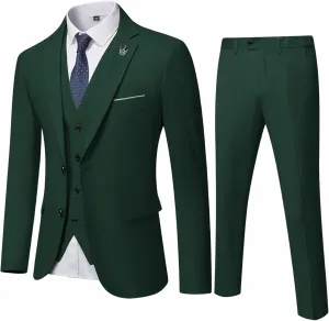 Hihawk Men's 3 Piece Suit with Stretch Fabric, Solid Slim Fit Two Button Suit Blazer Set, Jacket Vest Pants with Tie.