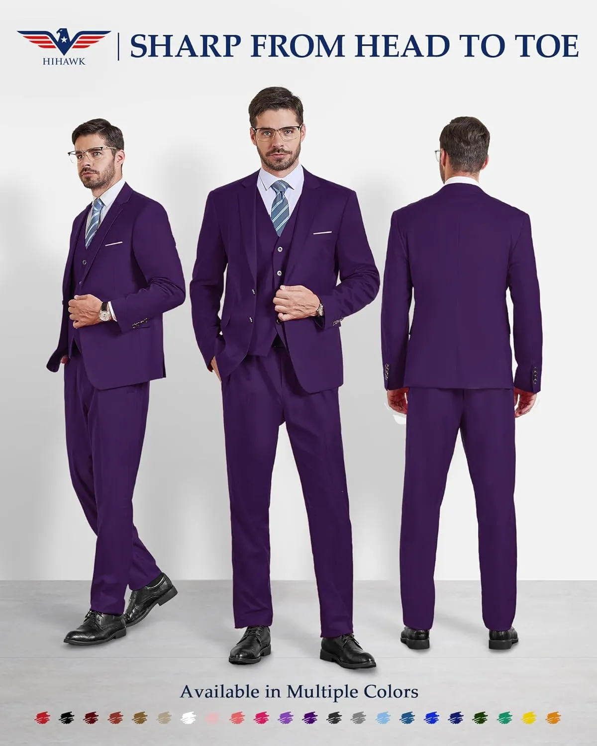 Hihawk Men's 3 Piece Suit with Stretch Fabric, Solid Slim Fit Two Button Suit Blazer Set, Jacket Vest Pants with Tie.