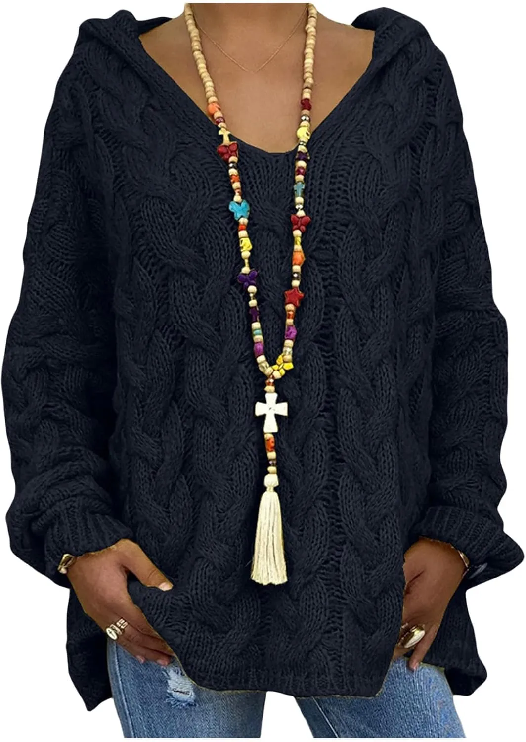 Hooded Sweater for Women Chunky Cable Knit Oversized Hoodies Long Sleeve V Neck Pullover Top Casual Loose Warm Jumper