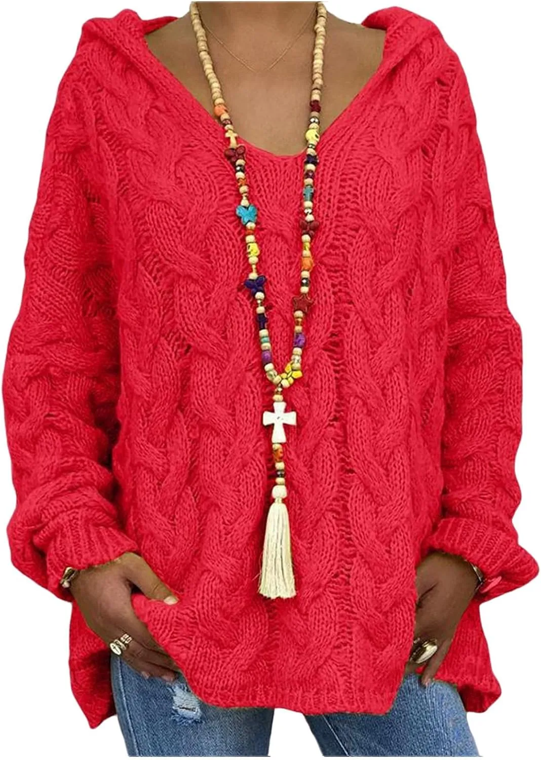 Hooded Sweater for Women Chunky Cable Knit Oversized Hoodies Long Sleeve V Neck Pullover Top Casual Loose Warm Jumper
