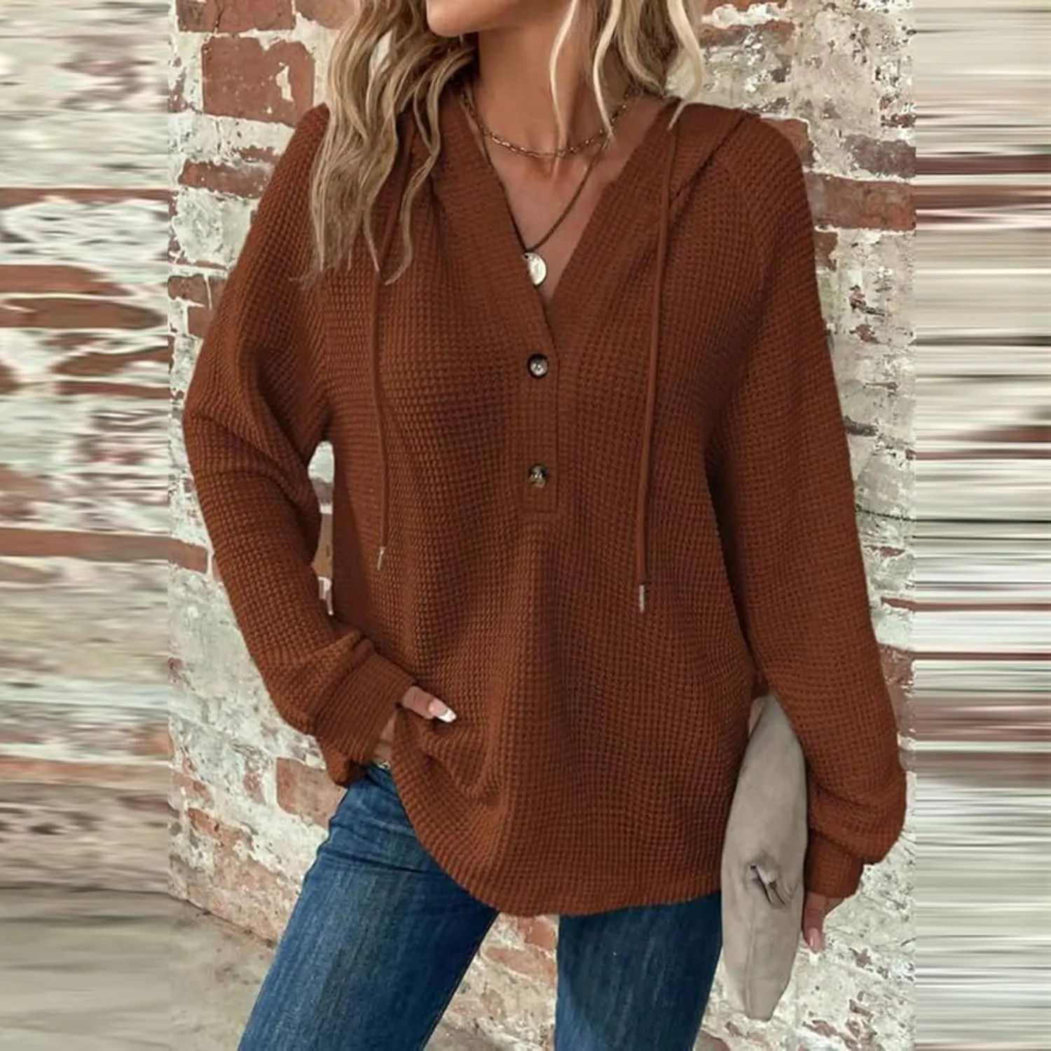 Hoodies for Women Fall Fashion 2024 Waffle Knit Tops Button V Neck Casual Hooded Pullover Oversized Sweatshirt