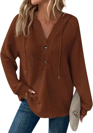 Hoodies for Women Fall Fashion 2024 Waffle Knit Tops Button V Neck Casual Hooded Pullover Oversized Sweatshirt
