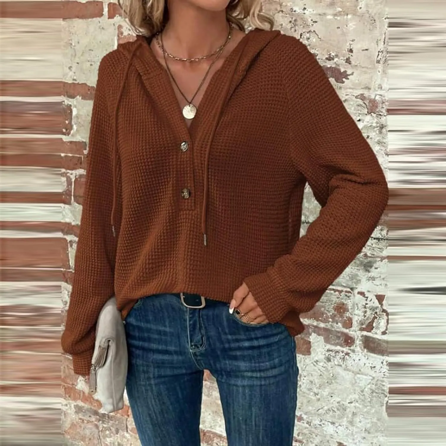 Hoodies for Women Fall Fashion 2024 Waffle Knit Tops Button V Neck Casual Hooded Pullover Oversized Sweatshirt