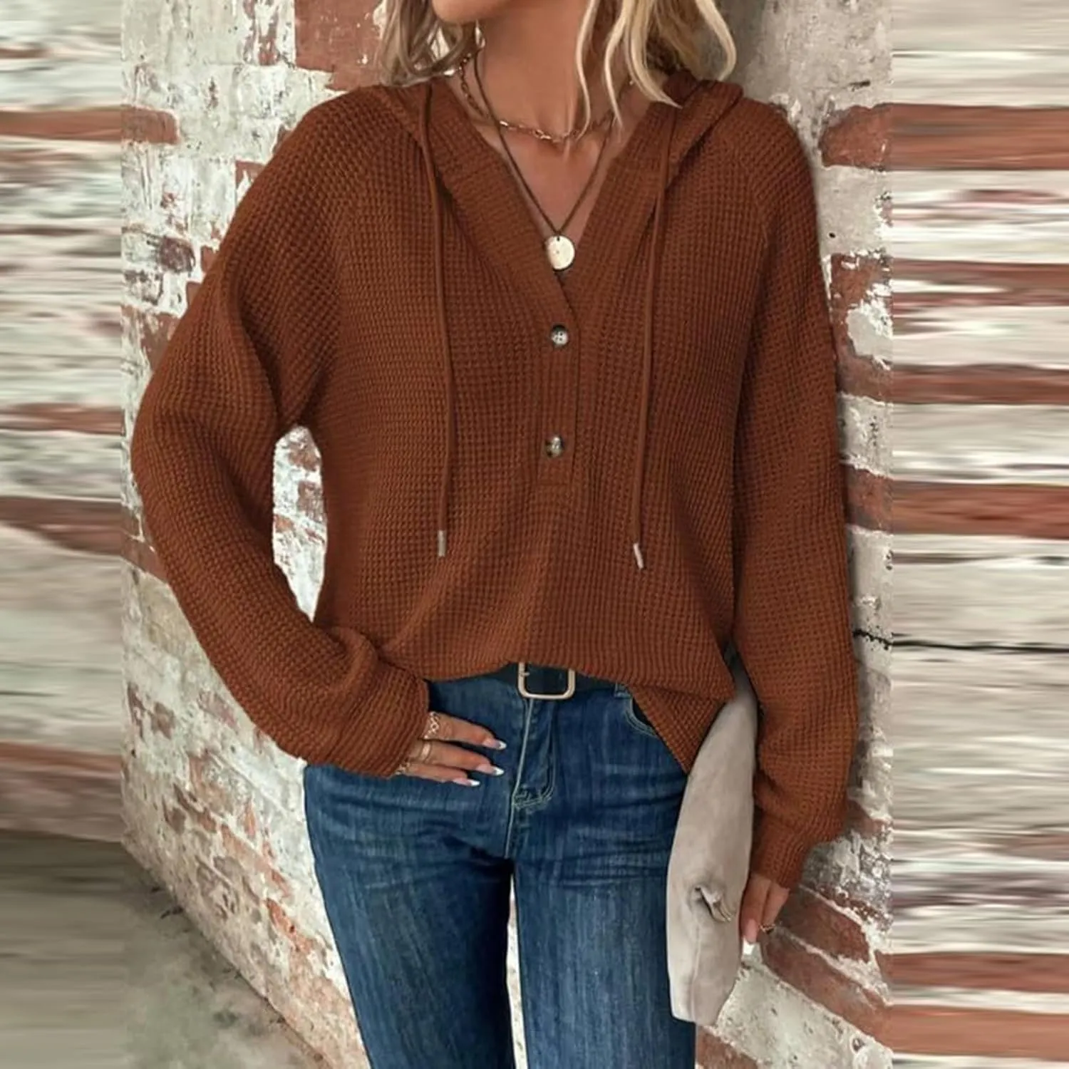 Hoodies for Women Fall Fashion 2024 Waffle Knit Tops Button V Neck Casual Hooded Pullover Oversized Sweatshirt