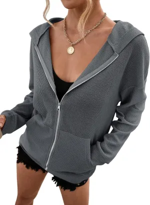 Hotmiss Zip Up Hoodie for Women Long Sleeve Waffle Fall Oversized Sweatshirts Casual Hoodies Jacket with Pocket