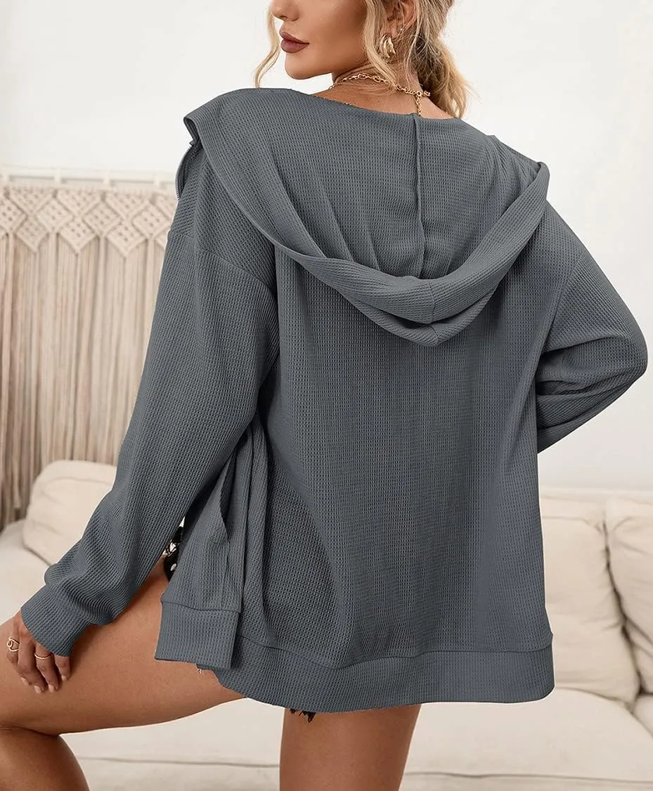 Hotmiss Zip Up Hoodie for Women Long Sleeve Waffle Fall Oversized Sweatshirts Casual Hoodies Jacket with Pocket