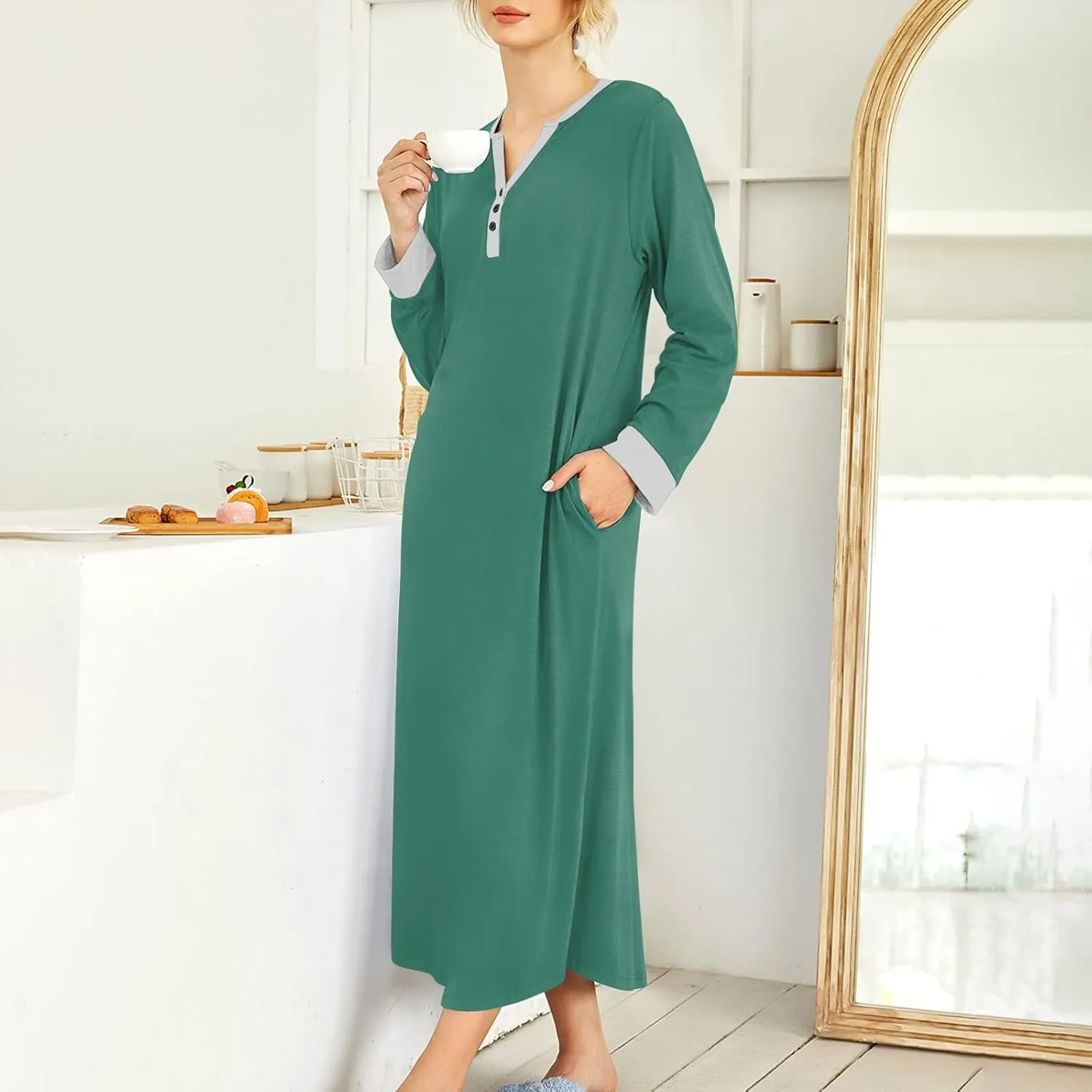 HXHYQKP Long Sleeve Nightgowns for Women Nightgown Sleep Shirts Oversized Sleep Dress Long Soft Housecoat with Pockets