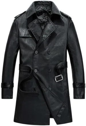 HZCX FASHION Men's Faux Leather Jacket PU Motorcycle Leather Belt Trench Coats
