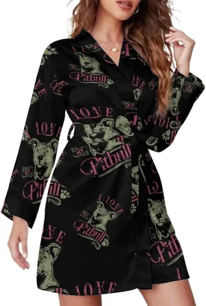 I Love My Pitbull Fashion Robes for Women Knee Length Long Sleeved Nightgown Spa Bathrobe Soft Bath Robe