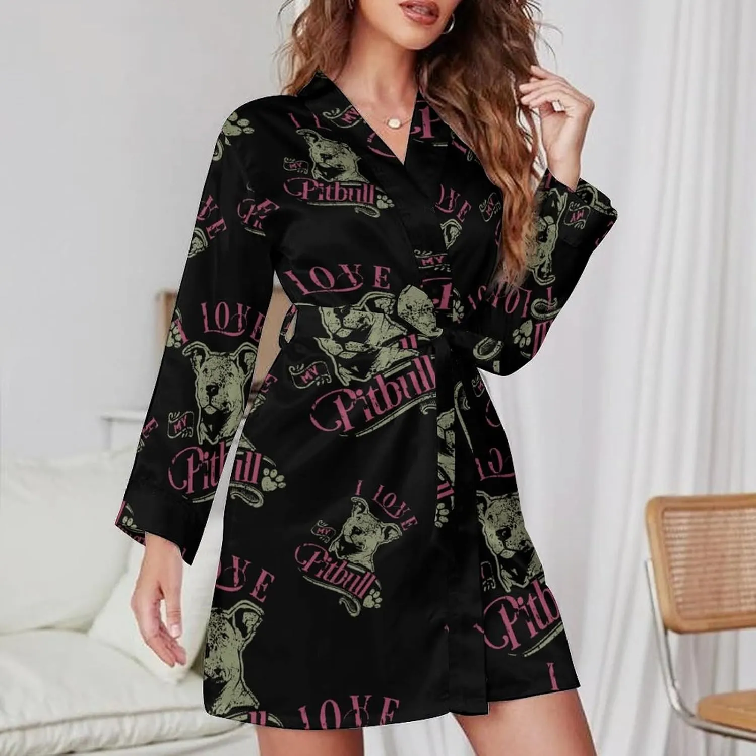 I Love My Pitbull Fashion Robes for Women Knee Length Long Sleeved Nightgown Spa Bathrobe Soft Bath Robe