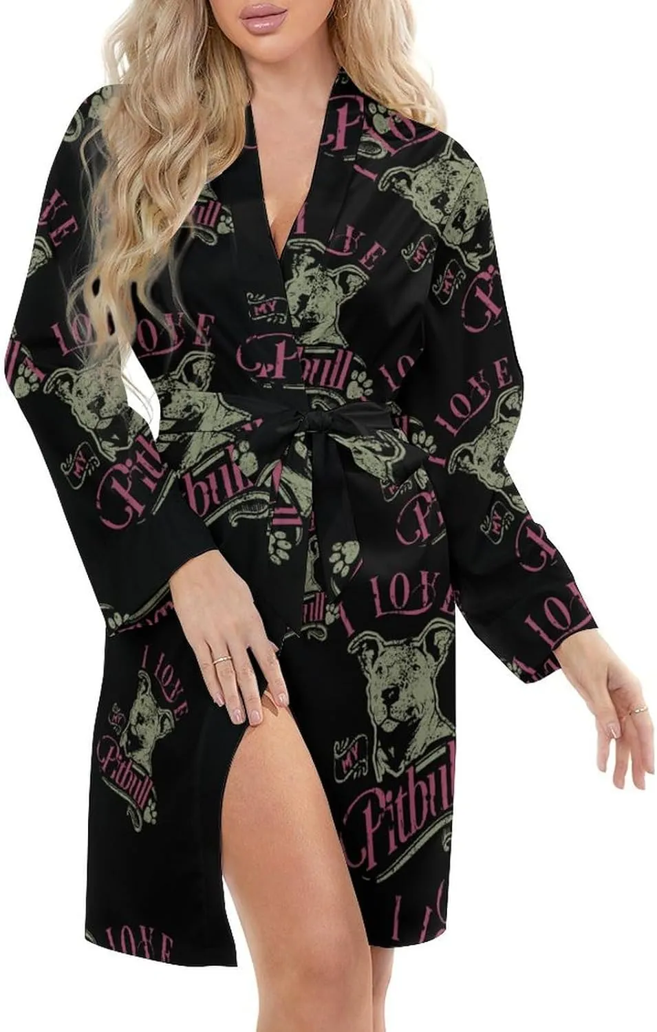 I Love My Pitbull Fashion Robes for Women Knee Length Long Sleeved Nightgown Spa Bathrobe Soft Bath Robe