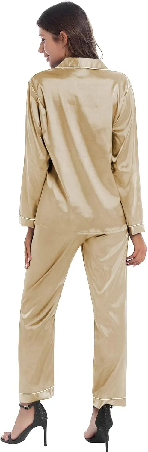iiniim Women Satin Pajama Set Long Sleeve Sleep Shirt and Pajama Pants Pj Set Loungewear Sleepwear
