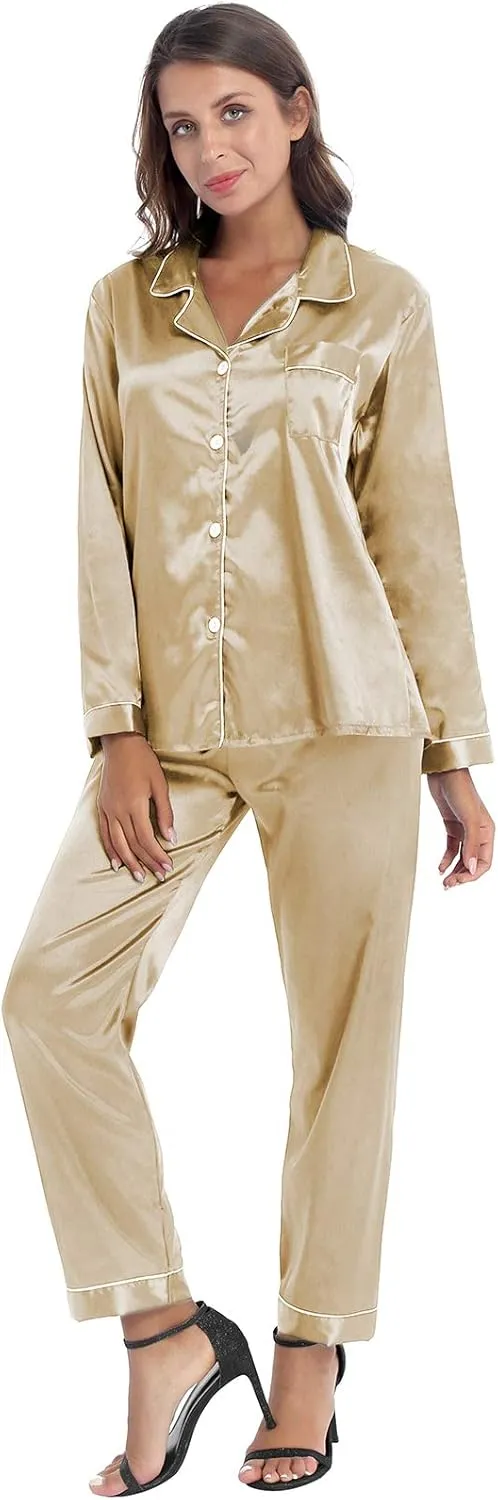 iiniim Women Satin Pajama Set Long Sleeve Sleep Shirt and Pajama Pants Pj Set Loungewear Sleepwear