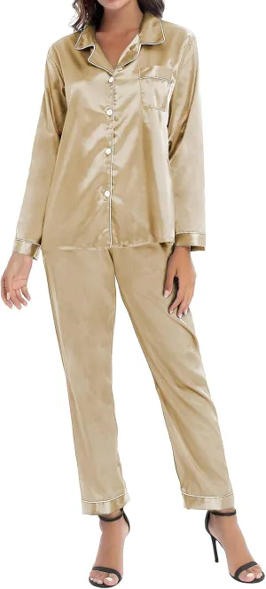 iiniim Women Satin Pajama Set Long Sleeve Sleep Shirt and Pajama Pants Pj Set Loungewear Sleepwear
