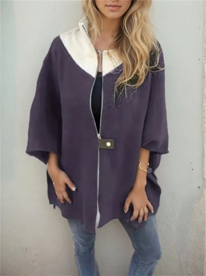 IVERIRMIN Women's Oversized Zip-up Jacket Casual Colorblock Stand Collar Poncho Coats Open Sleeve Cloak Overcoat Cape Outwear