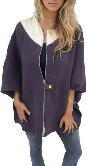IVERIRMIN Women's Oversized Zip-up Jacket Casual Colorblock Stand Collar Poncho Coats Open Sleeve Cloak Overcoat Cape Outwear