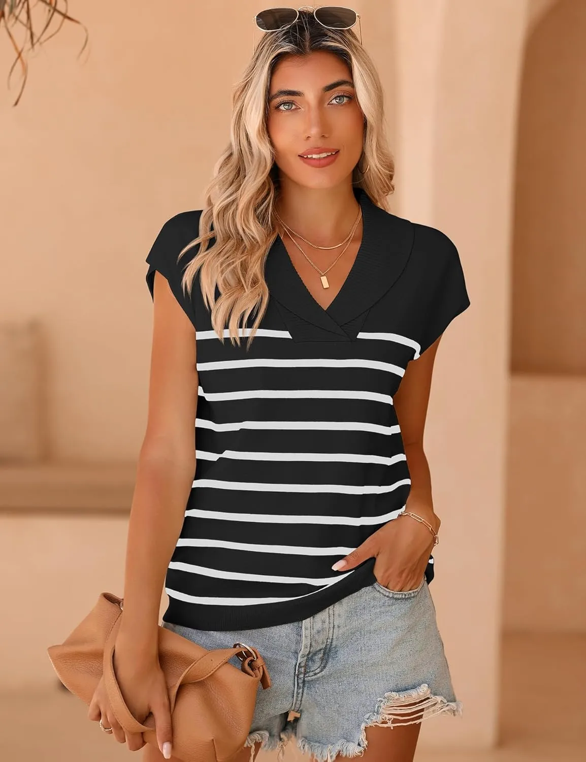 Ivicoer Sweater Vest Women V-Neck Knitted Pullover Short Cap Sleeve Collared Tops Dressy Casual 2025 Summer Fashion Trendy